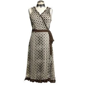 Jonathan Markin Silk Earthy Boho Retro Brown Polka Dot Ruffle Wrap Midi Dress-8
